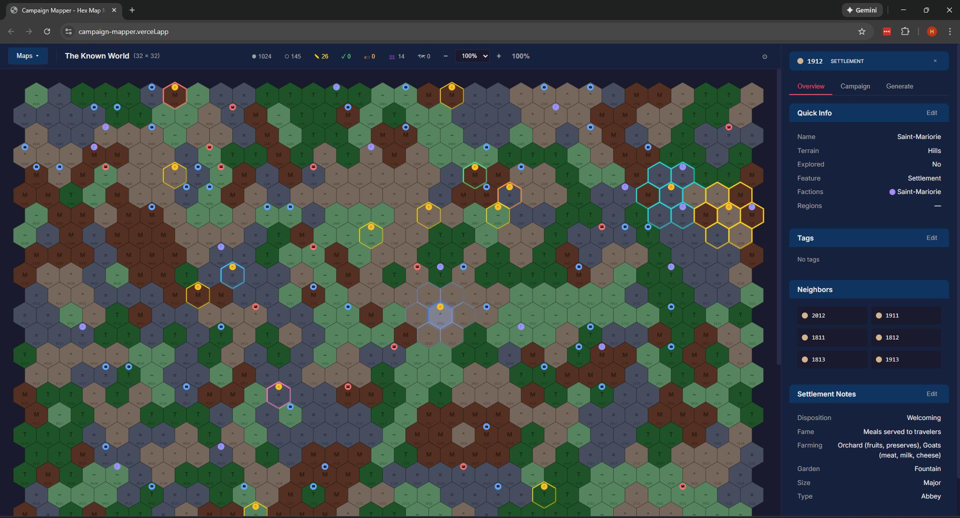 Campaign Mapper - Hex map editor showing terrain, settlements, and detail panel