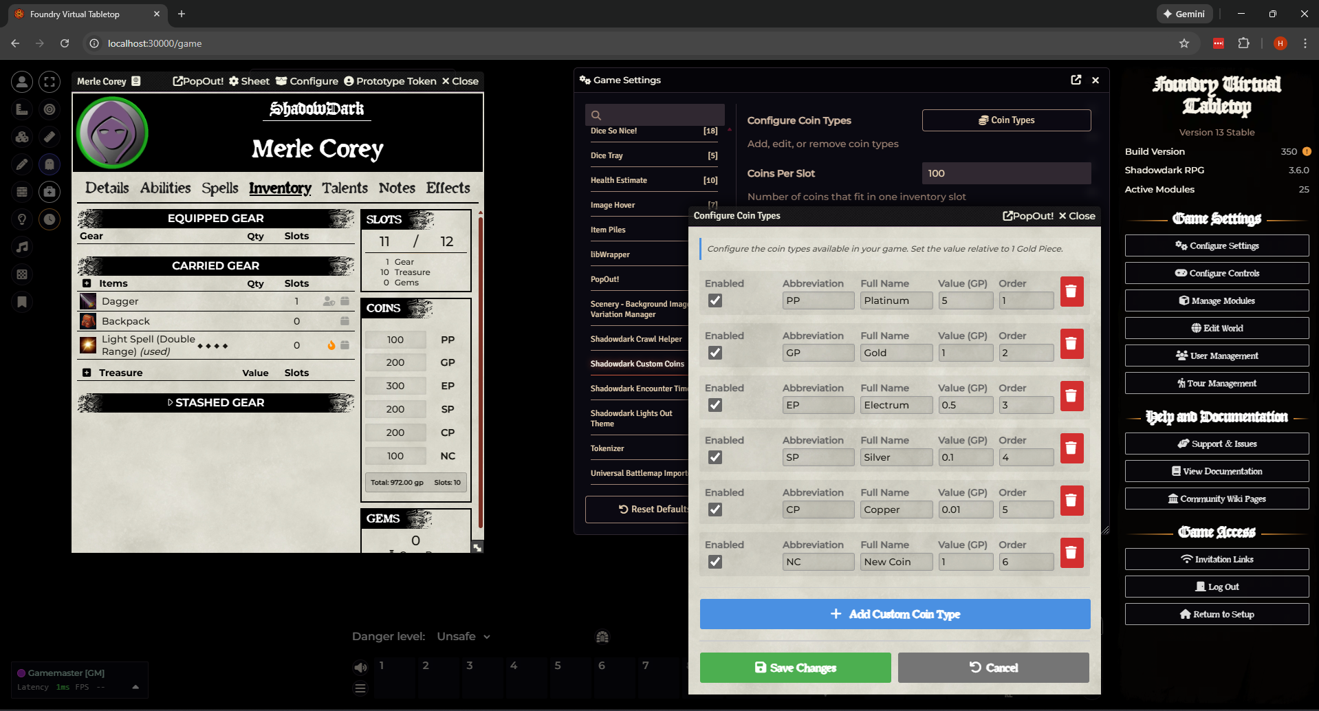 Shadowdark Custom Coins - Foundry VTT module showing coin configuration interface