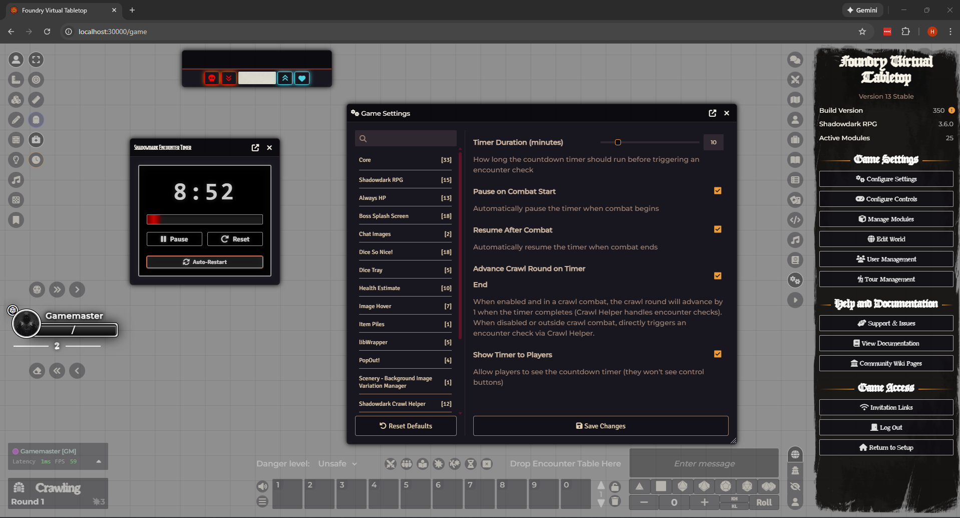 Shadowdark Encounter Timer - Foundry VTT module showing countdown timer and configuration settings