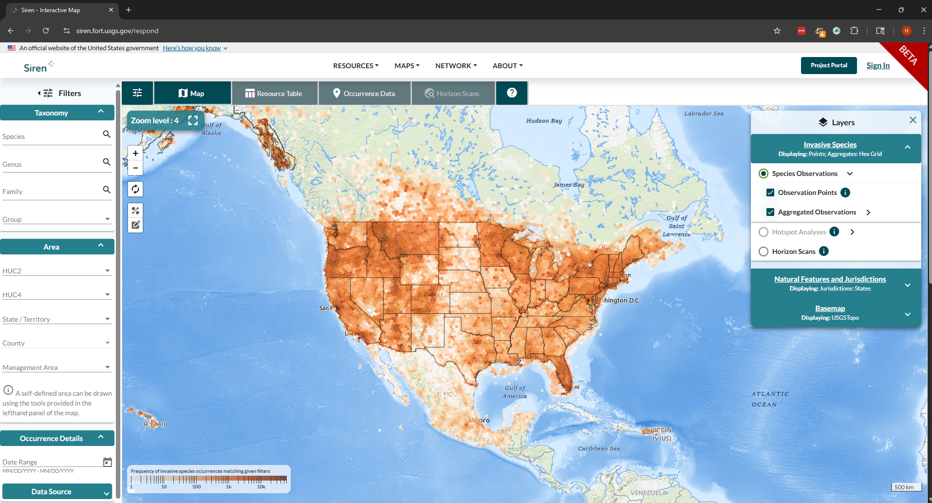 SIREN - Interactive map showing invasive species distribution across the United States