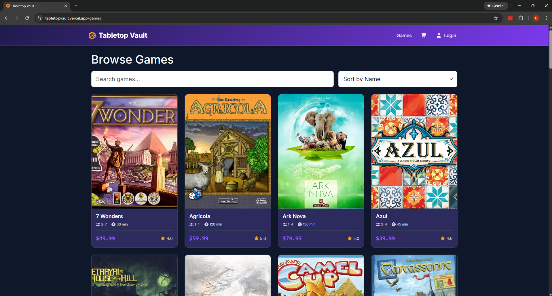 Tabletop Vault - Browse games page showing board game cards with prices and ratings